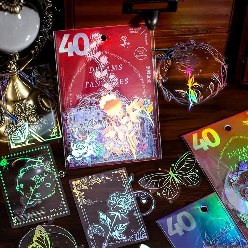 40pcs/pack PET Laser Craft Stickers Collage Junk Journal DIY Scrapbooking Adhesive Decor Waterproof Sticker Stationery