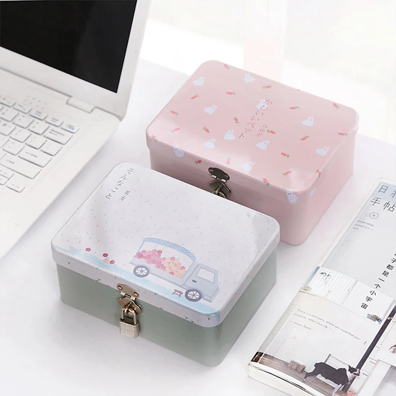 1pc cute Large Capacity Tinplate Box with Lock Key Desktop Storage Case Metal Box Pencil Candy Jar Storage Empty Box