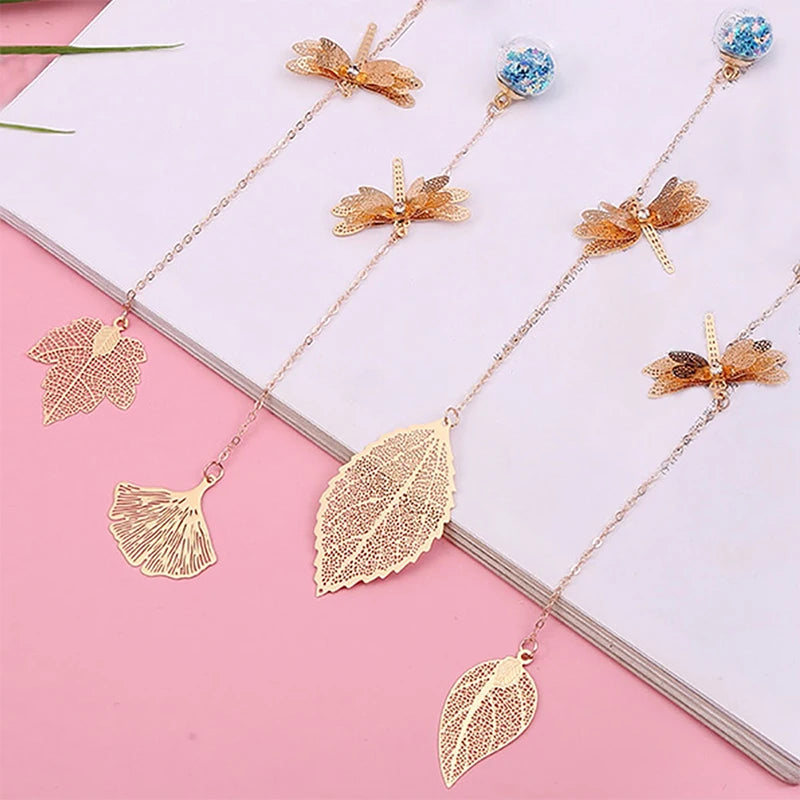 1Pc Creative Alloy Leaf Bookmarks Dragonfly Crystal Ball Student Stationery Book Page Holder Reading Book Paper Clip Readers