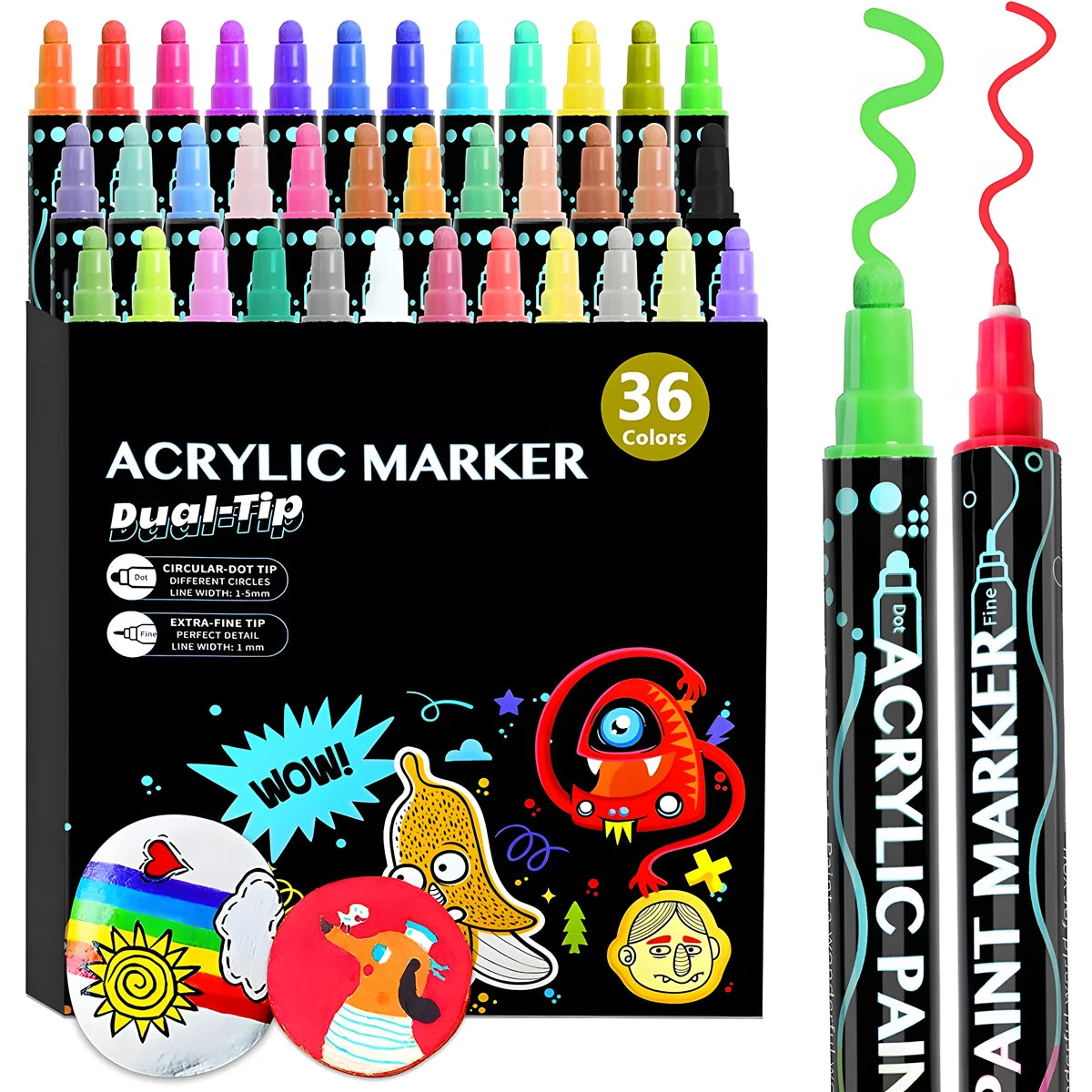 12-36 Colors Acrylic Paint Markers Dual Tip Paint Markers Art Painting Dot Pen Portable Coloring Marker Pen Drawing Student Gift