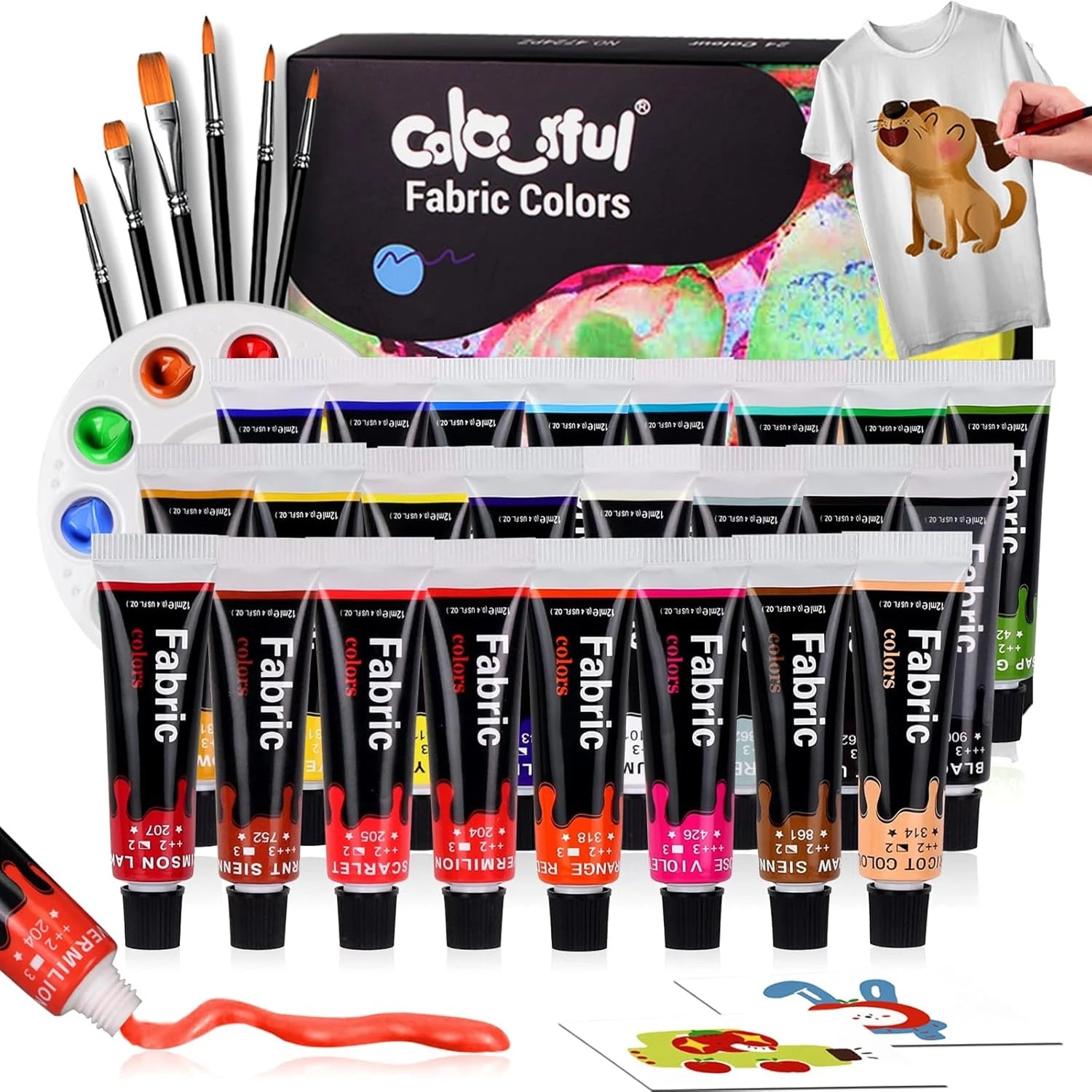 Colorful Fabric Paint Set for Clothes 12/24 Colors 12ml-Permanent Textile Paint Kit for Shoes, Canvas-Slick Painting Set